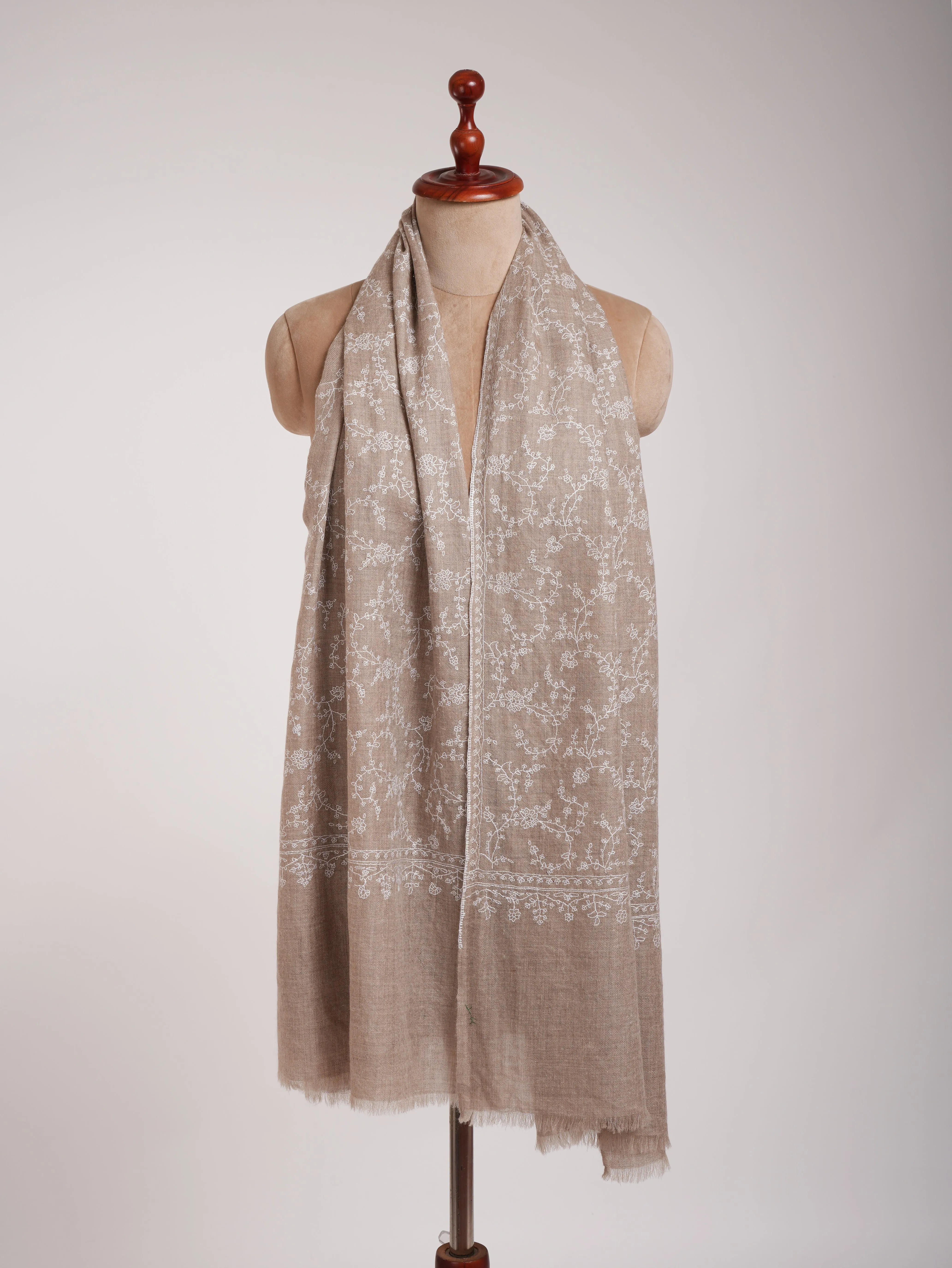 Thin Natural Grey Cashmere Scarf with White Sozni Embroidery