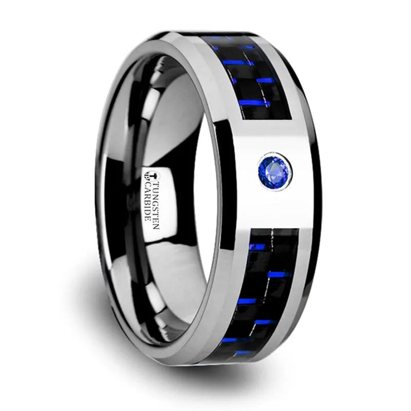 Thorsten Neptune Tungsten Carbide Ring w/ Black & Blue Carbon Fiber & Blue Diamond Setting w/ Bevels (8mm) W2960-TCBD