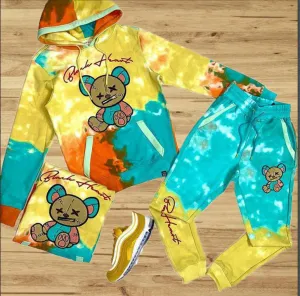 Tie-dye gradient bear pattern hooded trendy sports casual suit
