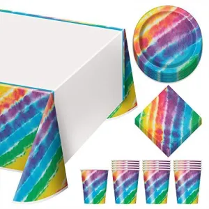 Tie Dye Rainbow Dessert Party Pack - Plates, Napkins, Cups, and Table Cover for Beach Bum, 60's, and Hippie Theme Parties (Serves 16)