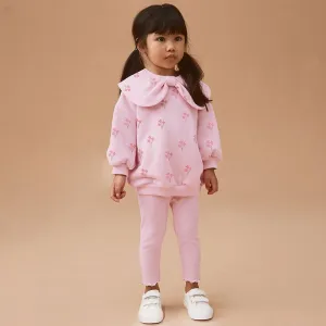 Toddler/Kid Girl Pink Flowers Print Bow Tie Design Sweatshirt with Leggings Set