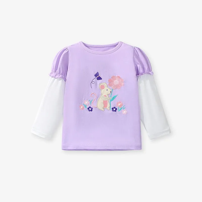 Toddler/Kid Girl's Cartoon Mouse and Flowers Embroidered Design T-shirt