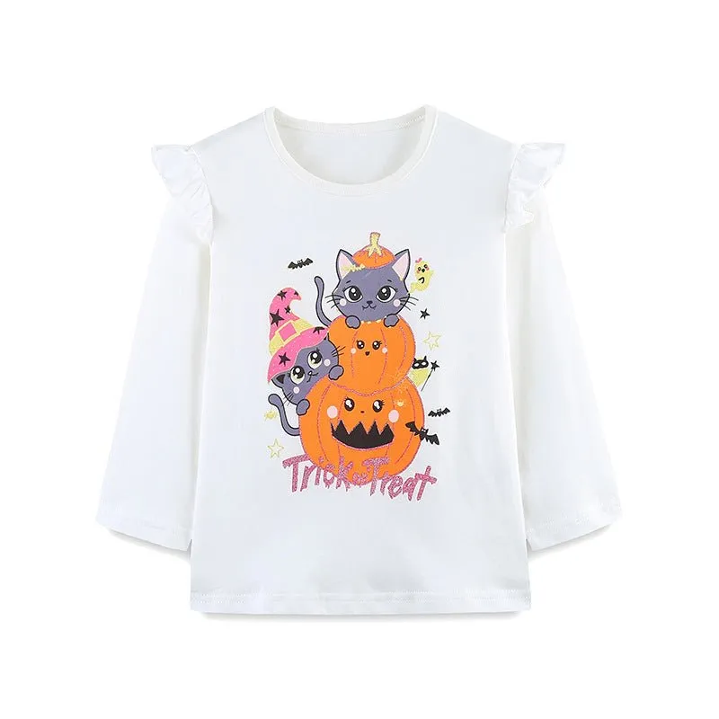 Toddler/Kid Girl's Long Sleeve Cartoon Kitty and Pumpkin Print Design T-shirt