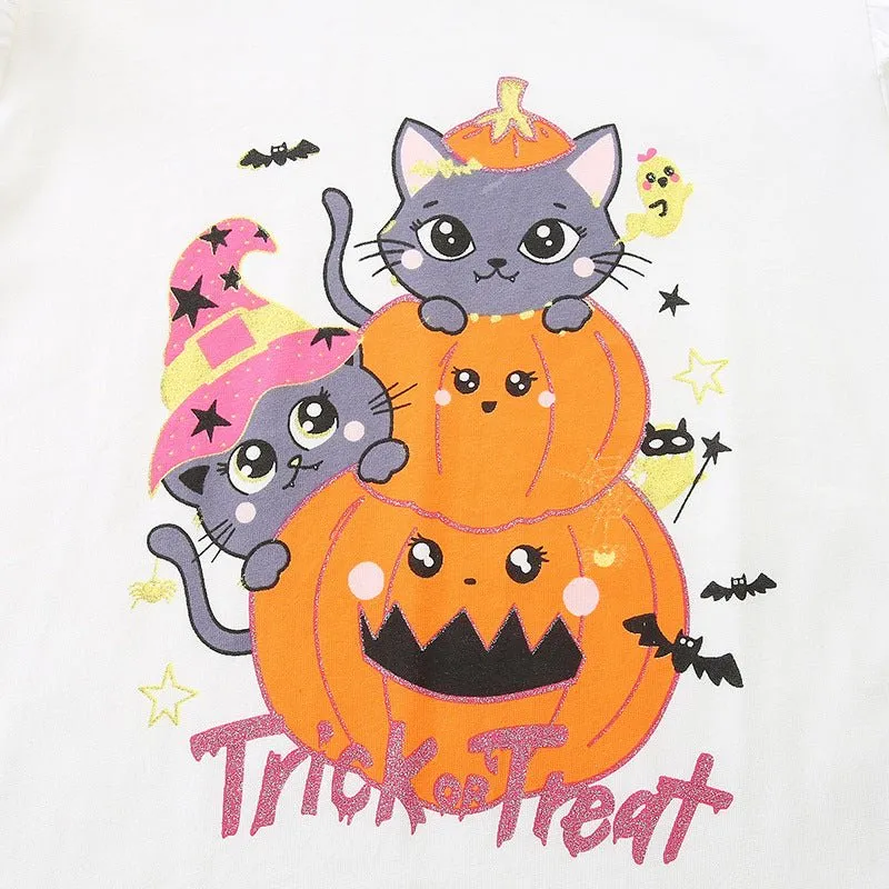 Toddler/Kid Girl's Long Sleeve Cartoon Kitty and Pumpkin Print Design T-shirt