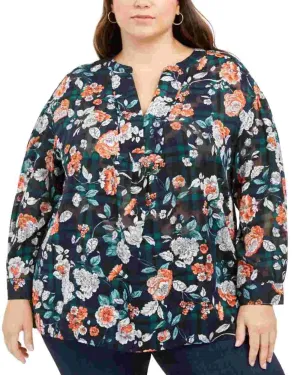 Tommy Hilfiger Women's Plus Size Printed Split Neck Top Blue Size 1X | Blue