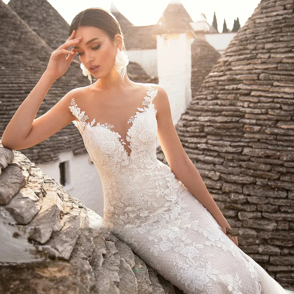 Tulle Mermaid Wedding Dress Backless Vintage Classic Cap Sleeve Gorgeous Bridal Gown