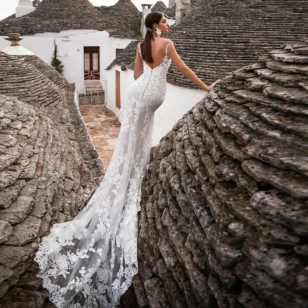 Tulle Mermaid Wedding Dress Backless Vintage Classic Cap Sleeve Gorgeous Bridal Gown