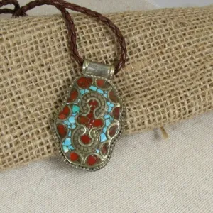 Turquoise Boho Silver Medallion on Leatherette Cord