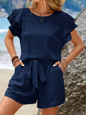 Two-Piece Casual Set - Adjustable Belted Waist, Slant Pocket, Rich Texture, Flutter Sleeve, Loose Fit - Complete Outfit for Womens Everyday Wear