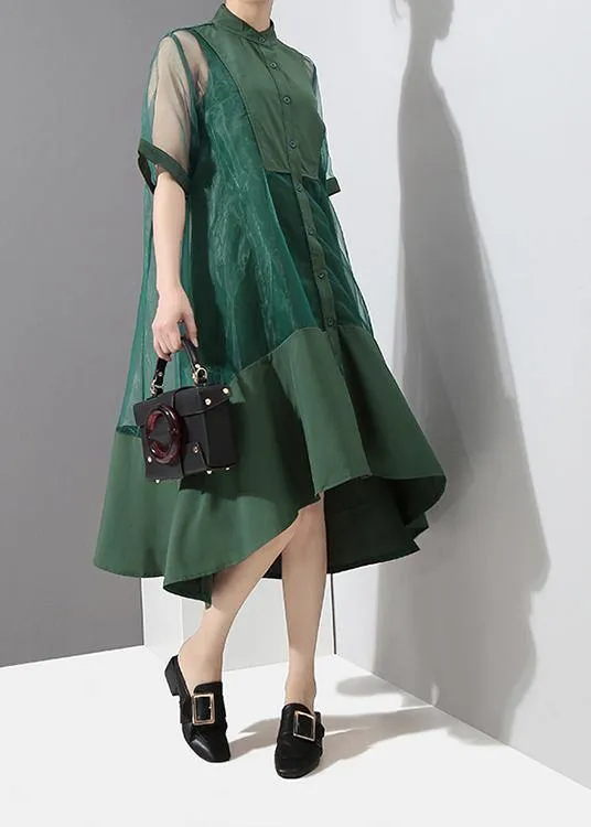 Two Pieces Women Summer Solid Green Midi Transparent Mesh Dress Set