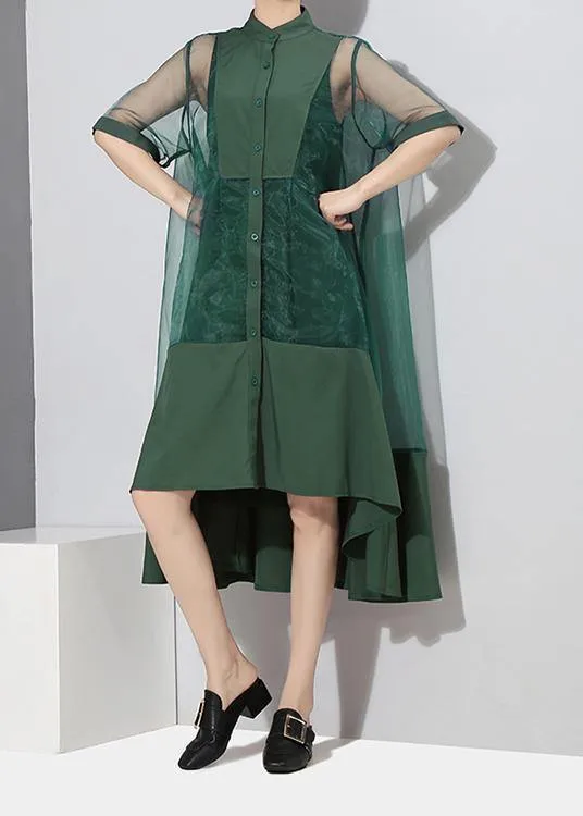 Two Pieces Women Summer Solid Green Midi Transparent Mesh Dress Set