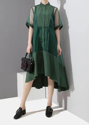 Two Pieces Women Summer Solid Green Midi Transparent Mesh Dress Set