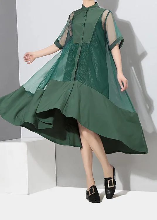Two Pieces Women Summer Solid Green Midi Transparent Mesh Dress Set