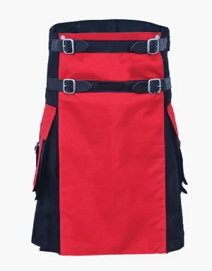 Two-tone utility kilt in black and red with detachable apron