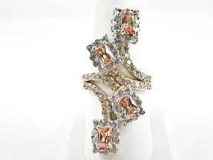 Unique Elegant Long Crossover & Wrap Style Design Amber CZ Silver Ring