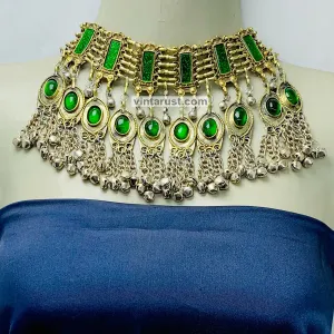 Unique Green Glass Stones and Bells Choker  Necklace
