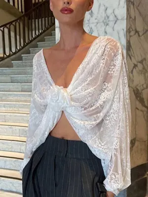 Uniwim ootd V Neck Lace Slit Long Sleeve Blouse