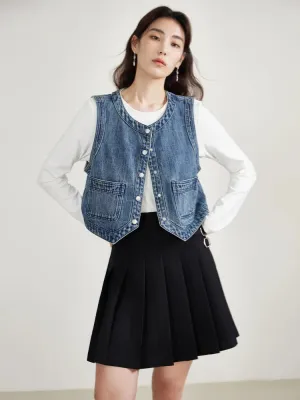 Uniwim Retro Denim Vest Jacket for Women Spring Niche Style High-street Sense Versatile O-neck Vest Female