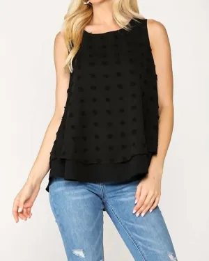 Urakiri Woven Dot Fabric Sleeveless Flowy Top in Black | Black
