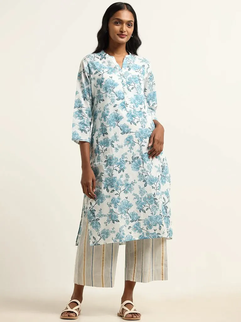 Utsa Light Blue Striped Blended Linen Pants