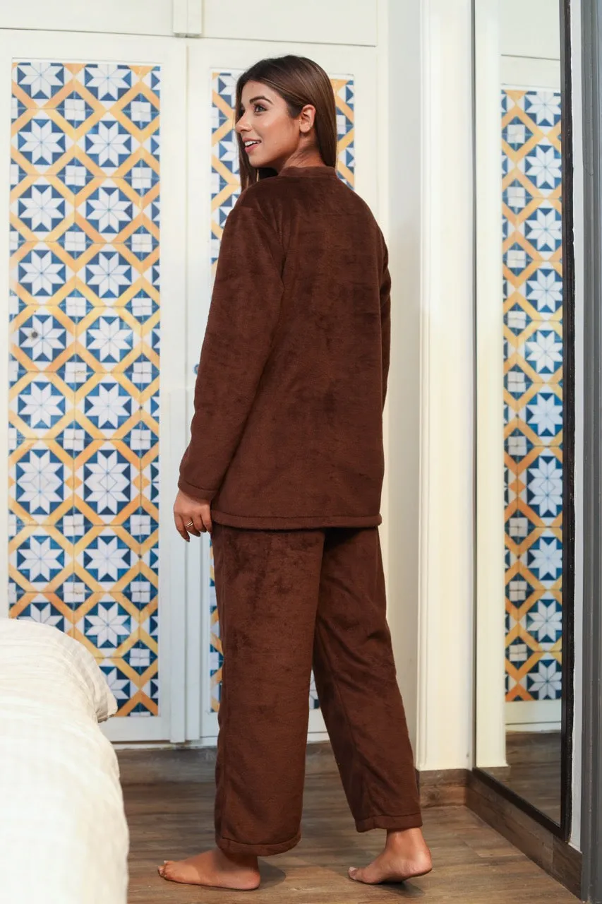 V neck Super Soft Brown woollen Lounge Wear Set