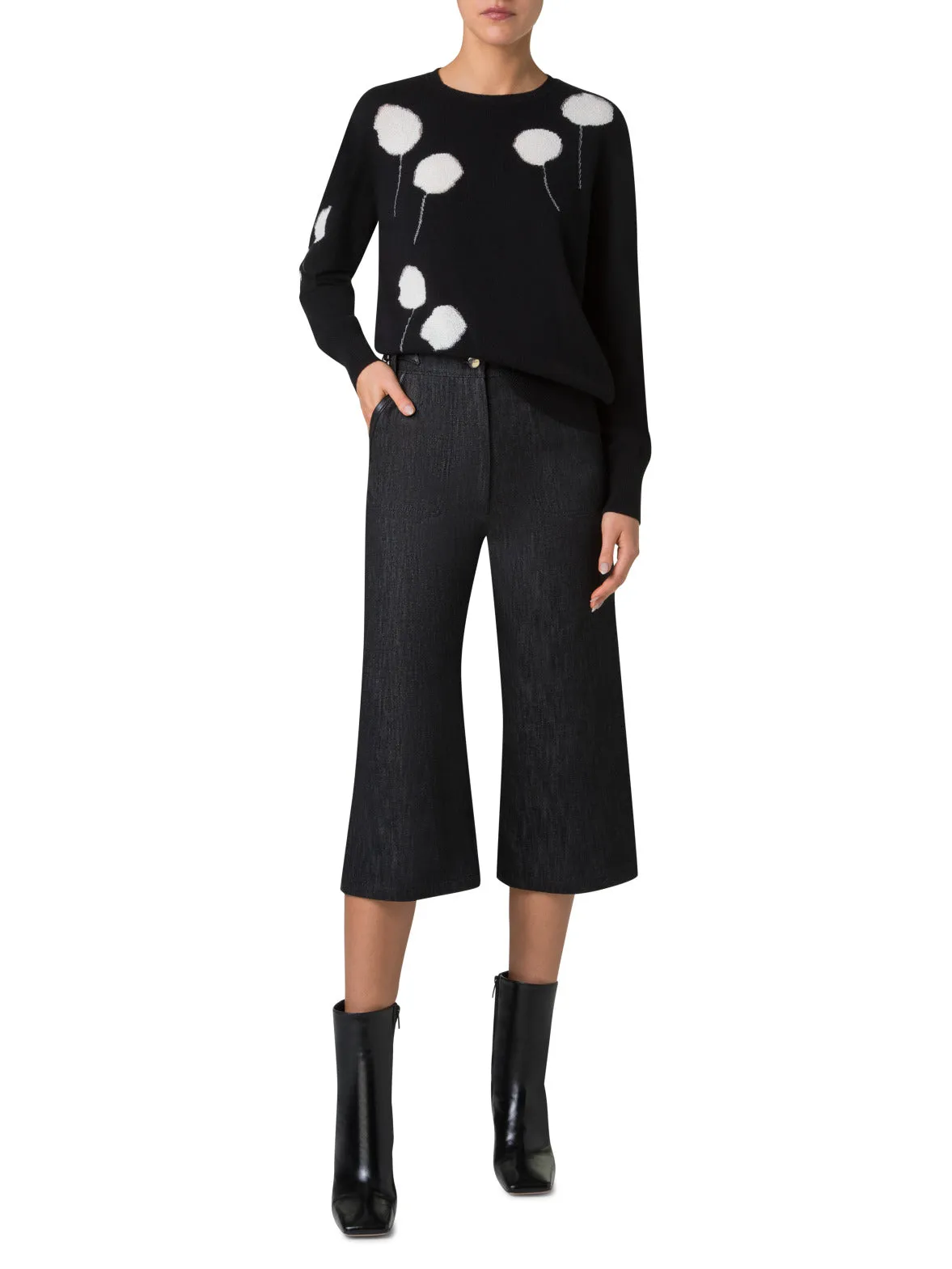 V-Neck Sweater in Cashmere with Dandelion Intarsia