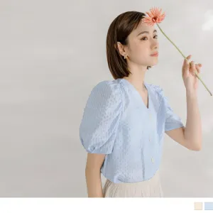 V-NECK TUNIC PUFF SLEEVE SHORT SLEEVE CROP TOPS