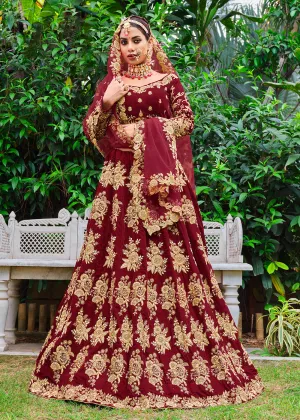 Velvet Excellent Maroon Stone Cording Bridal Style Lehenga Choli
