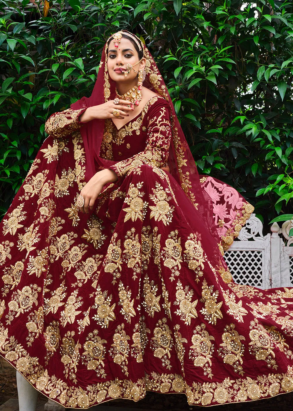 Velvet Excellent Maroon Stone Cording Bridal Style Lehenga Choli