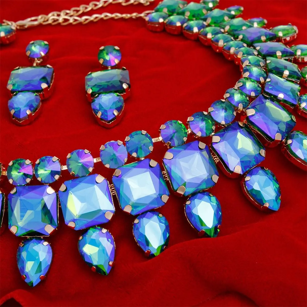 Vibrant Gold-Tone Blue Green Crystal Bib Necklace and Earrings Set
