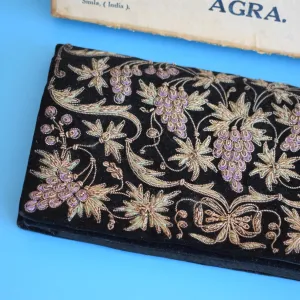Vintage 1940s Embroidered Velvet Clutch Bag - Boxed