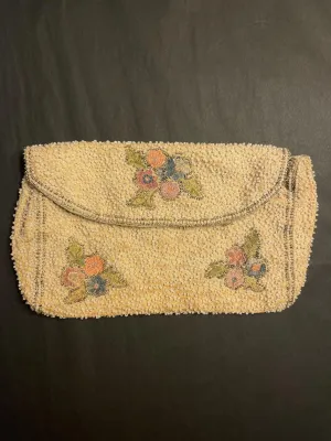 Vintage beaded evening bag floral embroidered cream clutch bag purse silk lined