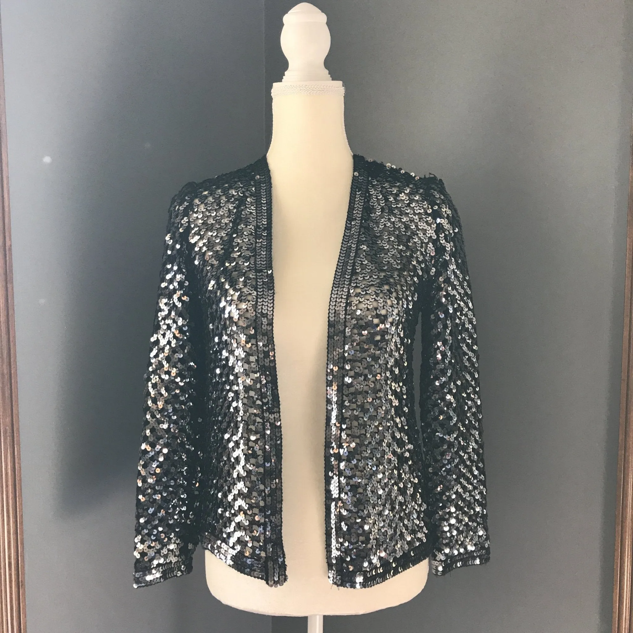 Vintage Black Sequin Cardigan or Jacket by Edith Flagg. Vintage Fashion Statement Piece.
