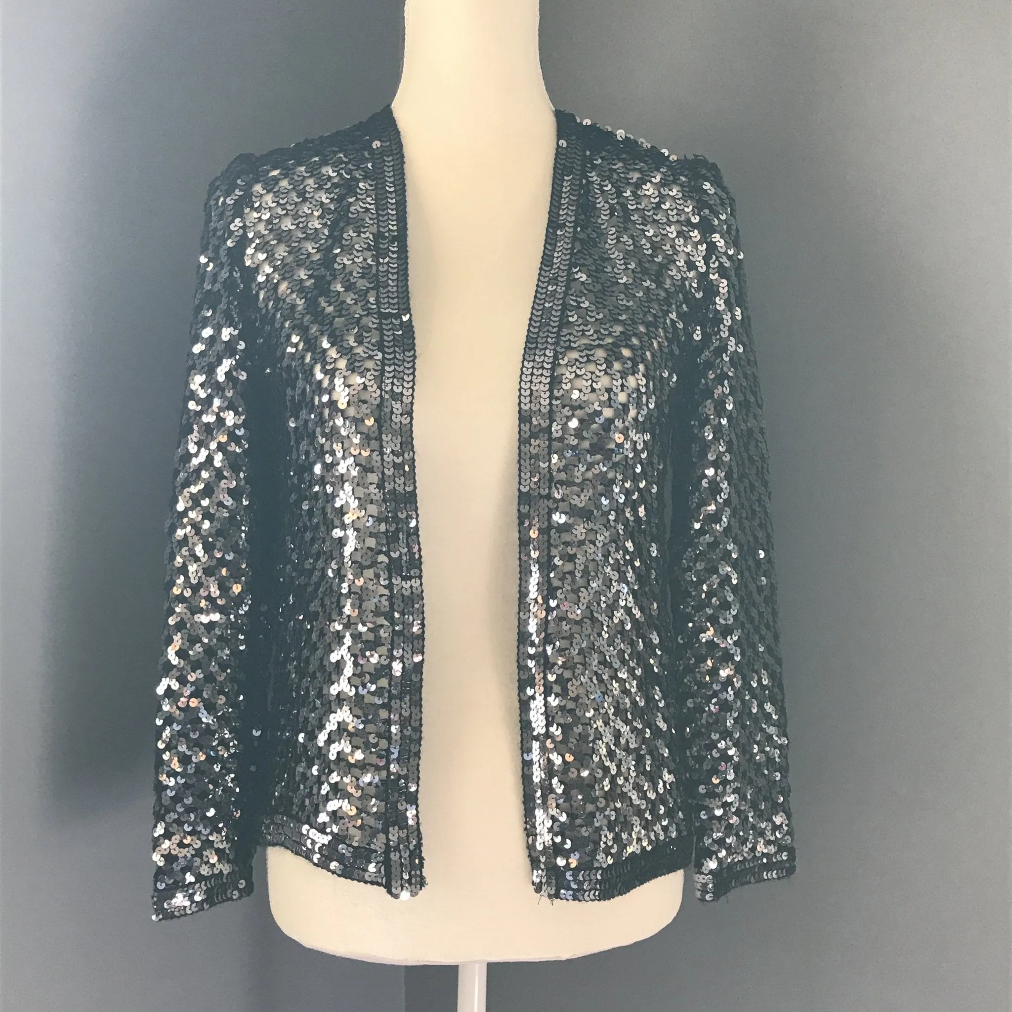 Vintage Black Sequin Cardigan or Jacket by Edith Flagg. Vintage Fashion Statement Piece.