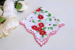 Vintage Christmas Handkerchief with Poinsettias and Red Trim