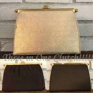 Vintage Gold Clutch. 3 in 1 Reversible Purse. Champagne. Brown. Burgundy. Fashion Accessory.