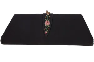 Vintage Golden Age Evening Purse Black with Flower Embroidery Detail