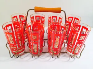 Vintage Mid-Century Jeannette Glassware Geometric Red and 22-Karat Gold Highball Glasses with Retro Carrier (Set of 8 plus Carrier)