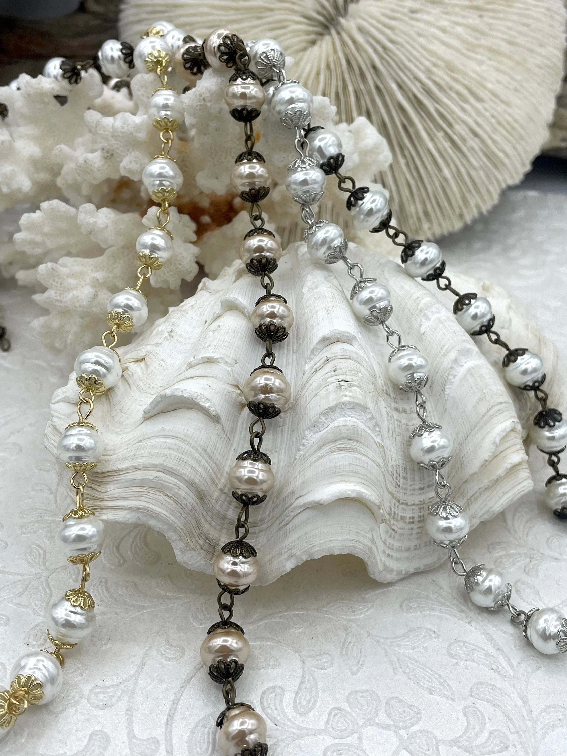 Vintage Porcelain Glass Pearl Freshwater Replica Beaded Chain,9mm Rosary Chain,White or Rose Dust.High Luster.Sold by the Foot Fast Shipping