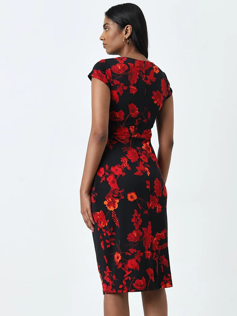 Wardrobe Black Floral Printed Straight Dress