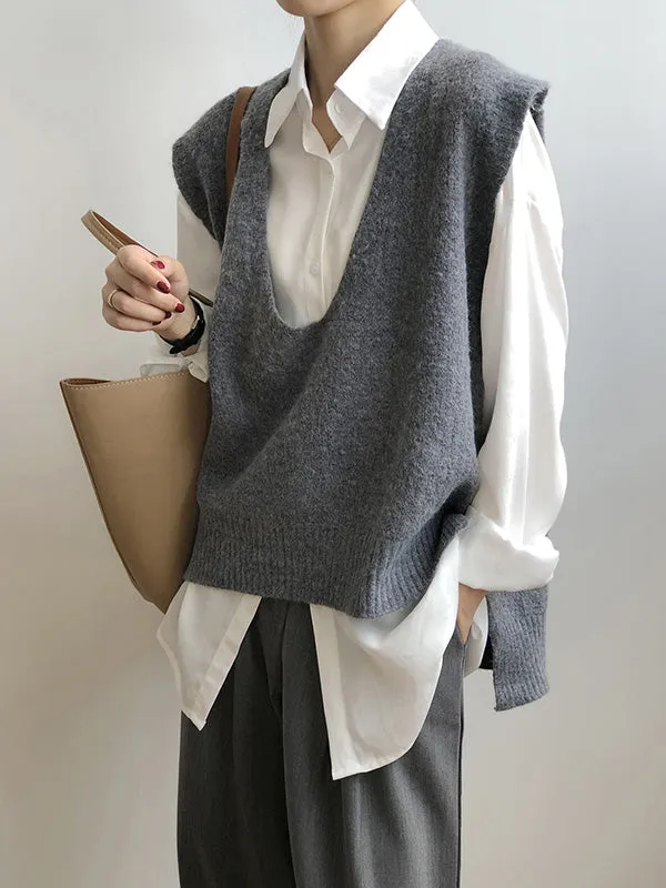 Wenkouban-Black Friday Christmas Thanksgiving Knitting Irregularity Solid V-Neck Vest
