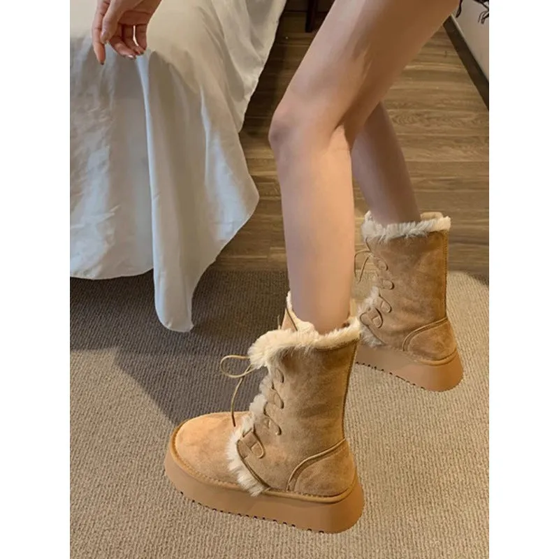 Wenkouban Christmas outfits winter outfits  Black Friday Christmas party outfits Snow Boots Women's Winter Thick-Soled Mid-Calf Winter Fleece-lined Thick Cotton Ankle Boots
