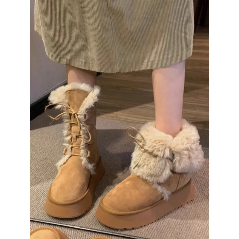 Wenkouban Christmas outfits winter outfits  Black Friday Christmas party outfits Snow Boots Women's Winter Thick-Soled Mid-Calf Winter Fleece-lined Thick Cotton Ankle Boots