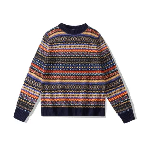 Wenkouban knitted Vintage round Neck Pullover Sweater Fairland Pattern Sweater Wool Blended Sweater