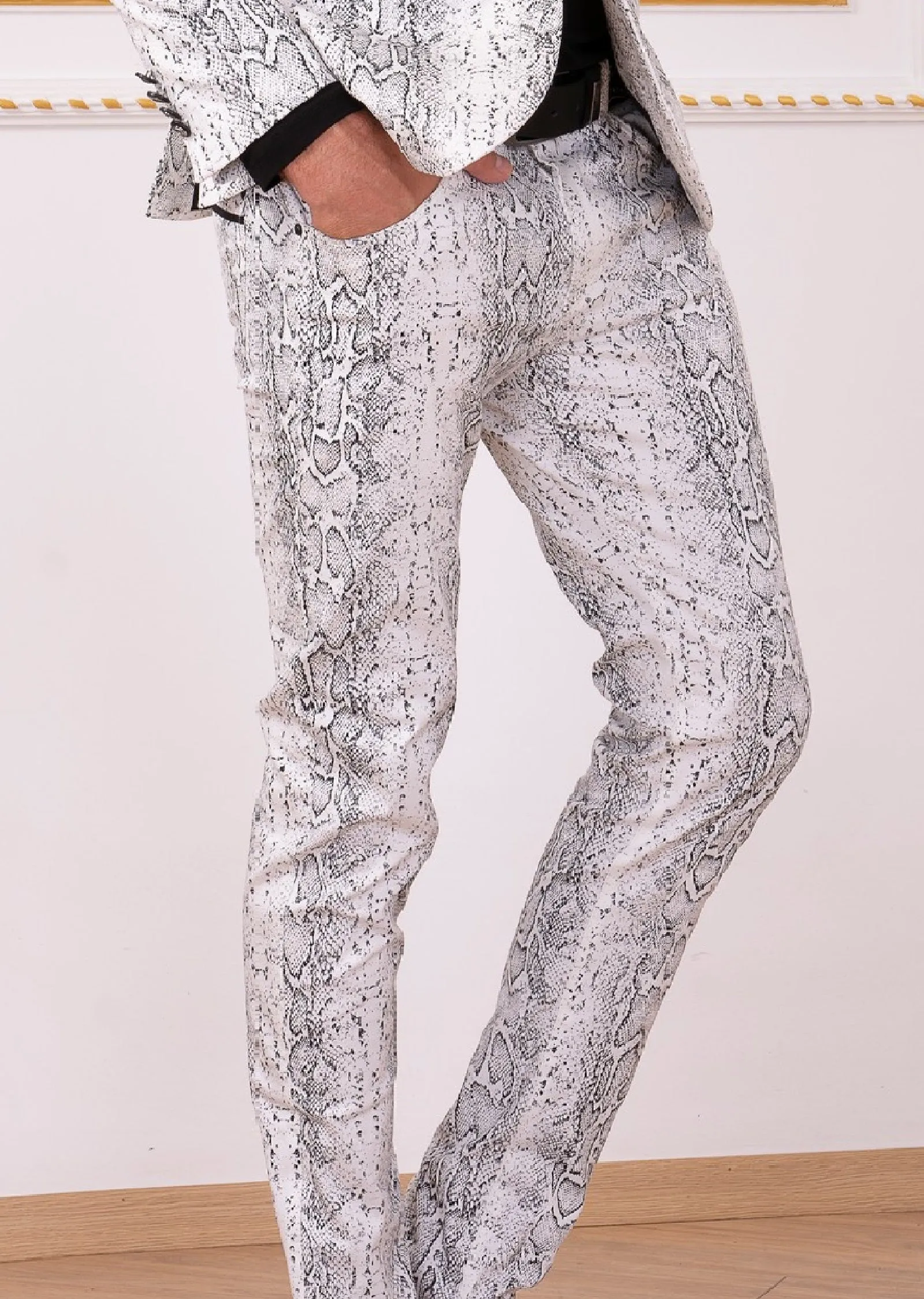 White Black Snake Print Pants
