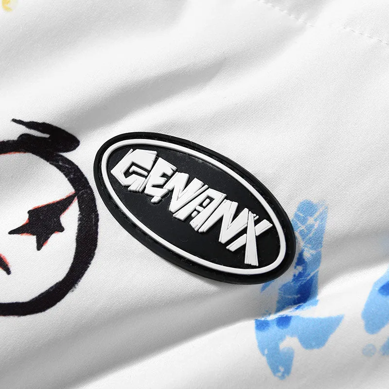 White Cartoon Graffiti Patchwork Pocket Padded Coat