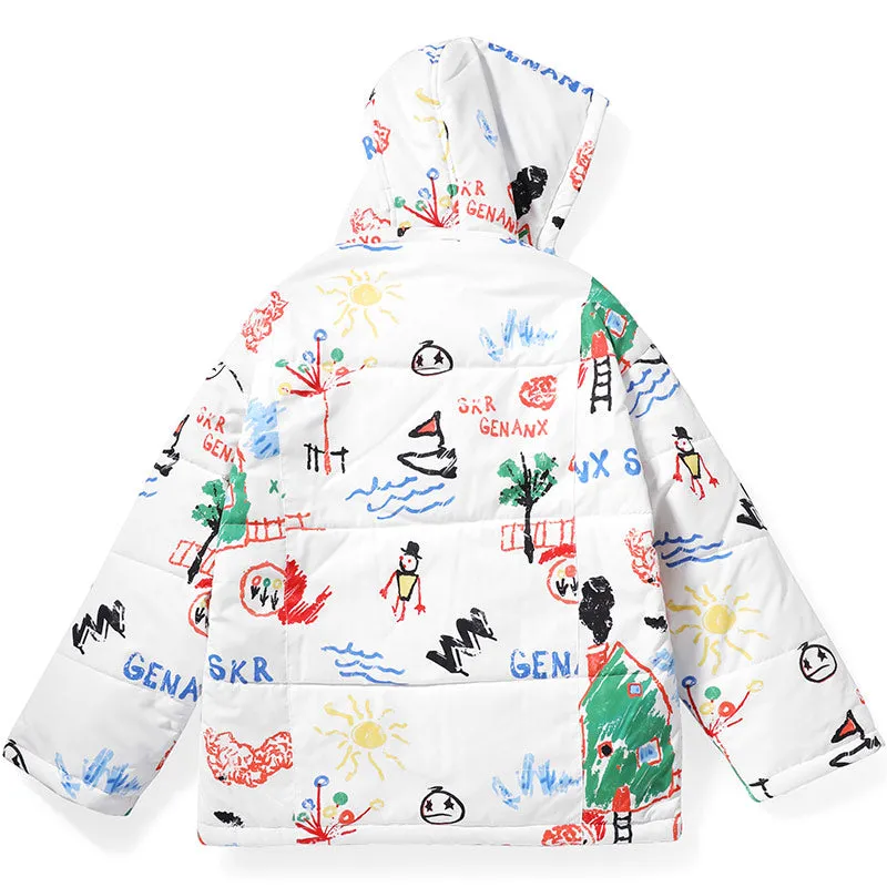 White Cartoon Graffiti Patchwork Pocket Padded Coat