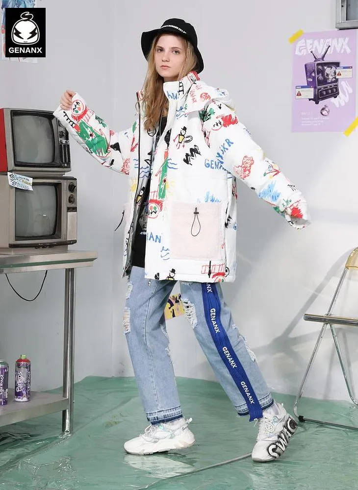 White Cartoon Graffiti Patchwork Pocket Padded Coat