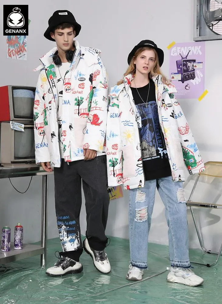White Cartoon Graffiti Patchwork Pocket Padded Coat