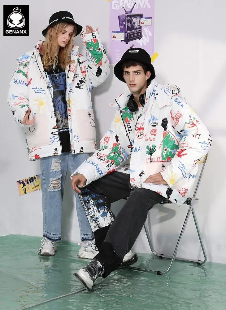 White Cartoon Graffiti Patchwork Pocket Padded Coat